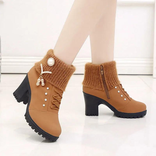 Autumn and Winter Short Mid-high Heel Round Toe Women's Shoes Side Zipper Woolen Cotton Boots