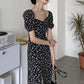 Summer New French Square Neck Floral Dress Women's Black Design Split Tea Break Dress Long Skirt