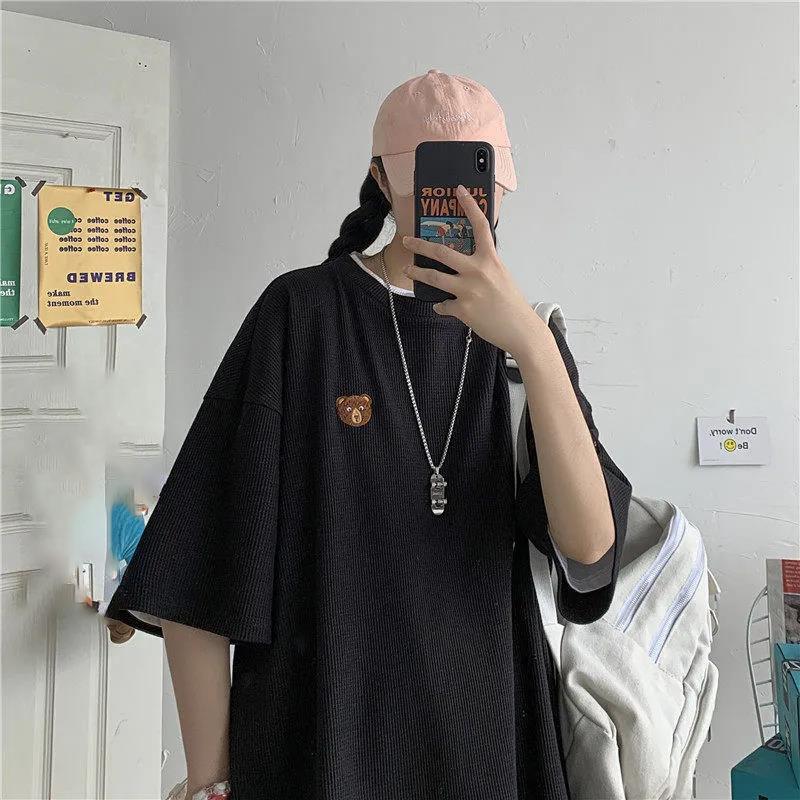 Women Round Collar Summer Cartoon Embroidery Loose Short Sleeve Casual Simple All-match T-Shirt