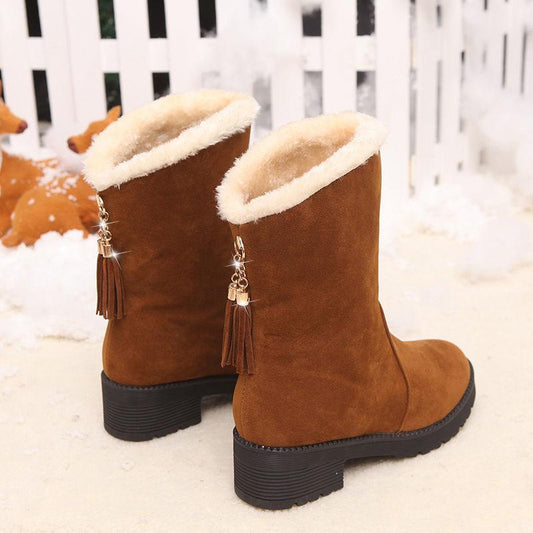 Snow Boots Women's Warm and Velvet Autumn and Winter Women's Short Boots Thick-soled Thick-heeled Fringed Mid-tube Boots