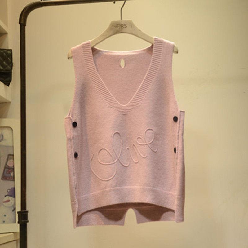 Women Knitted Vests Autumn New Korean Version of Wild V-neck Sweater Vest Women Loose Button Sleeveless Sweater Vest