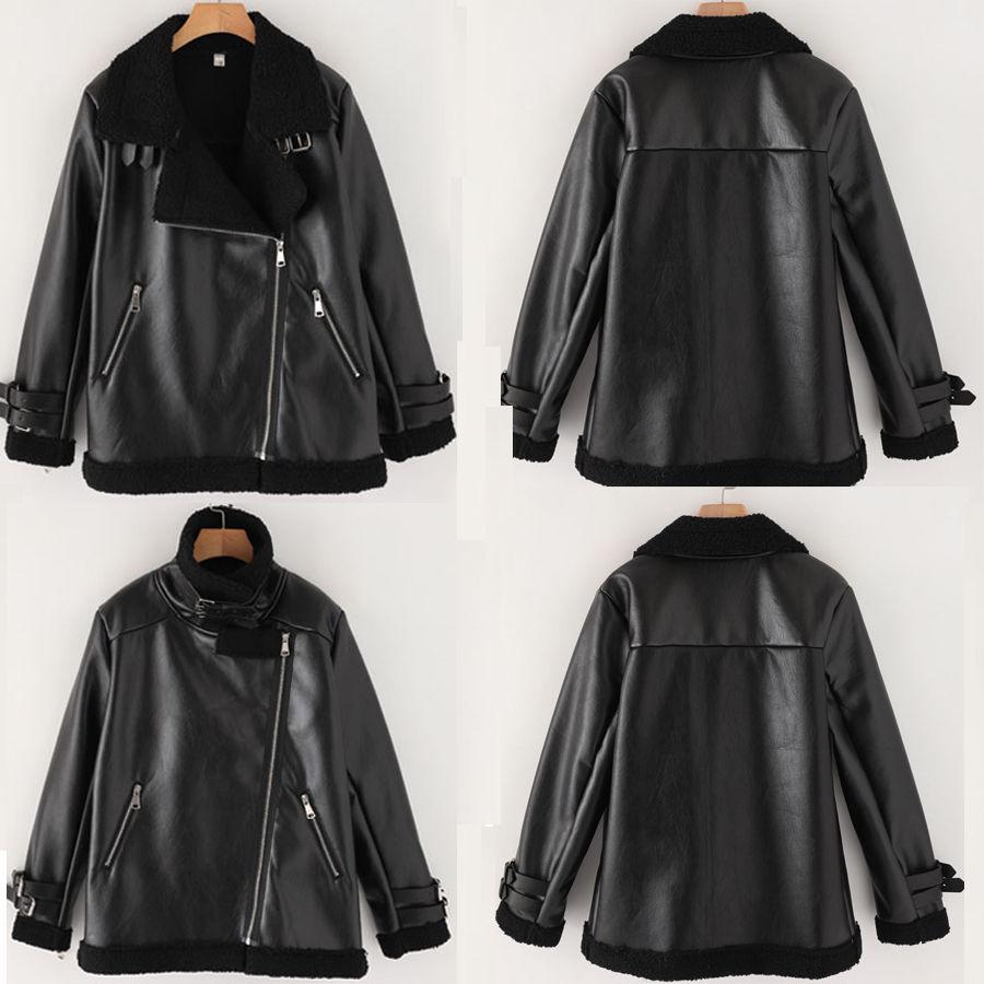 Autumn and Winter Thick Lamb Fur One Motorcycle Leather Jacket Large Size Stand Collar Ladies Cotton Jacket