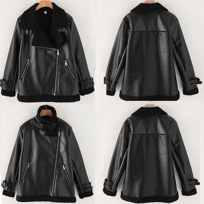 Autumn and Winter Thick Lamb Fur One Motorcycle Leather Jacket Large Size Stand Collar Ladies Cotton Jacket