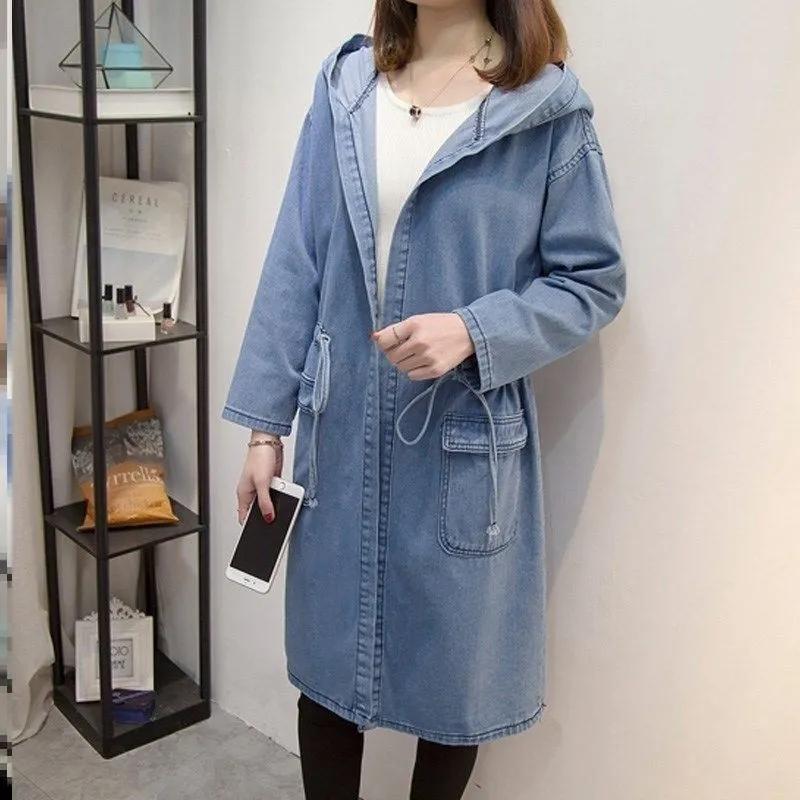 All-match Mid-length Denim Jacket Hooded Trench Coat Spring and Autumn Plus Size Women's Loose Waist Dress Jeans Jacket