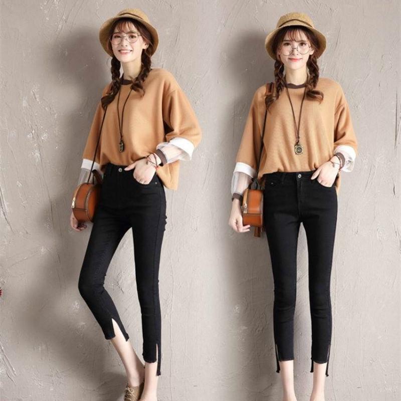 WTEMPO Thin and Irregular Jeans Feet Female Korean Version of The Slim Beggar Hole Nine Points Pencil Pants