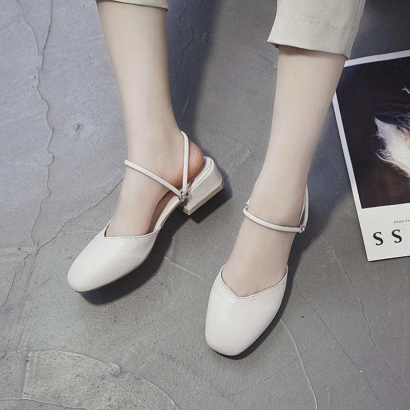 V Mouth Square Toe Sandals Thick Heel Single Shoes Wild Mid-heel Sandals High Heels Women Retro Thick Heel Leather Shoes Women