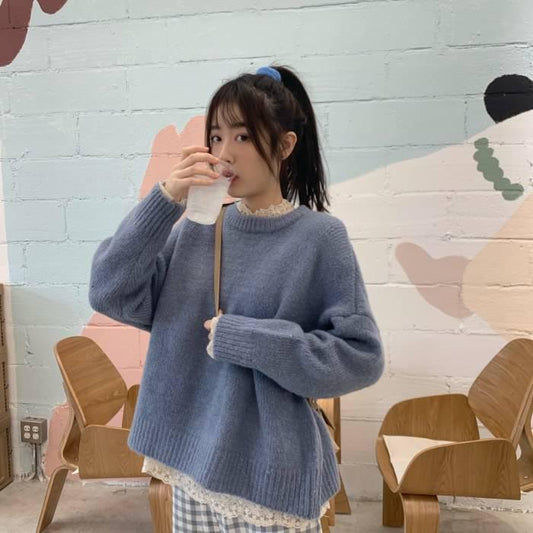 Pofulove loose candy-colored round neck sweater women's hedging long-sleeved wild college style bottoming shirt