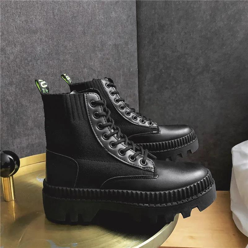 Black Thick-soled Heightened Martin Boots Men's Spring High-top Shoes Korean Style Student All-match Boots
