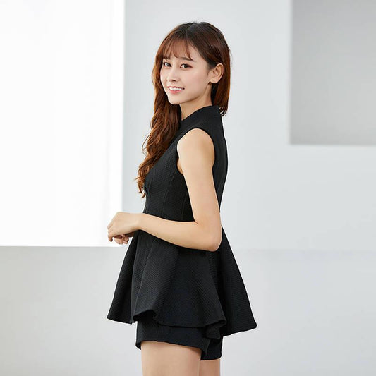 Fashion Summer Slim Mandarin Collar Sleeveless Dress Pleated Dress Shorts Two-piece Set Black