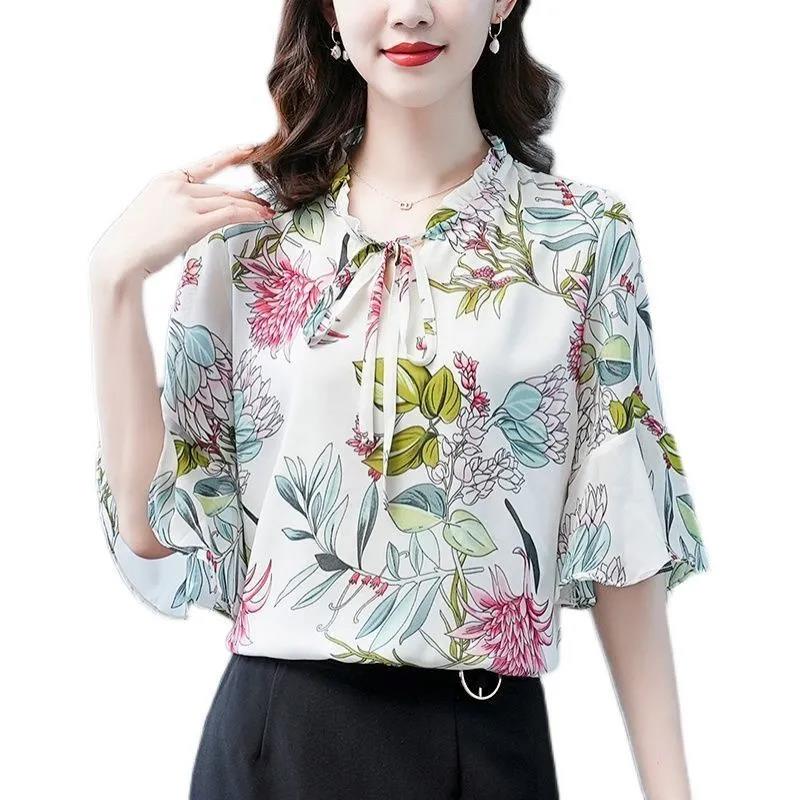 Summer Chiffon Shirt Women's Loose Plus Size Printed Shirt Doll Collar Top