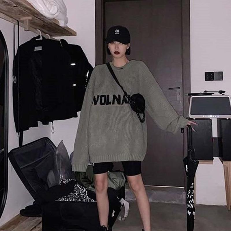 Autumn Winter  Women Fashion Sweater Casual Knitting Sweater Letters Jacquard Round Neck Pullovers Loose  Long Sleeve Sweater