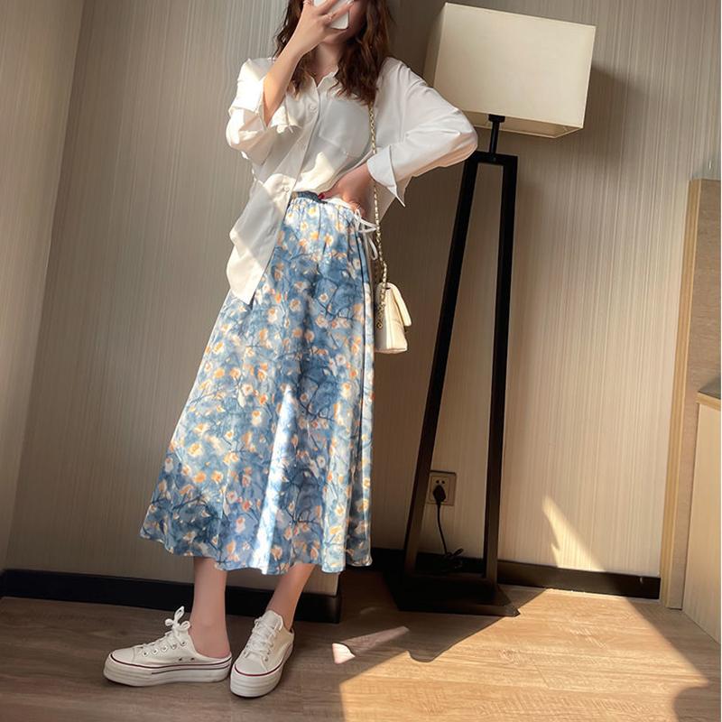 Women's  Floral Skirt Oil Painting Style Summer  High Waist Mid-length A-line Draping Fairy Dress