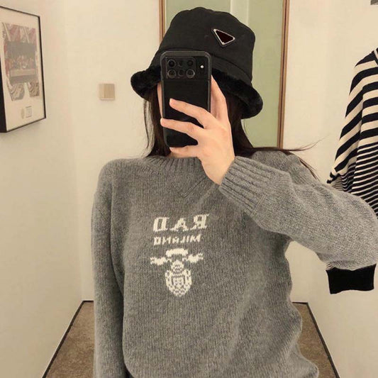 Autumn and Winter Letter Jacquard Loose Round Neck Casual Short Cardigan Women's Sweater