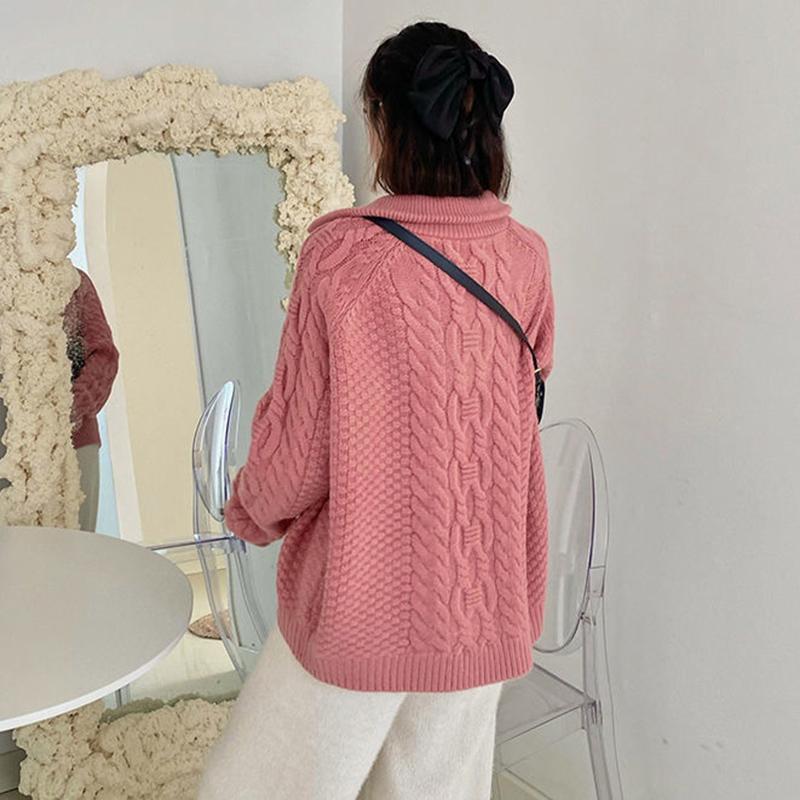 Retro Twist Zipper High Neck Pullover Sweater Women Loose Long-sleeved Lapel Cropped Top Autumn Winter