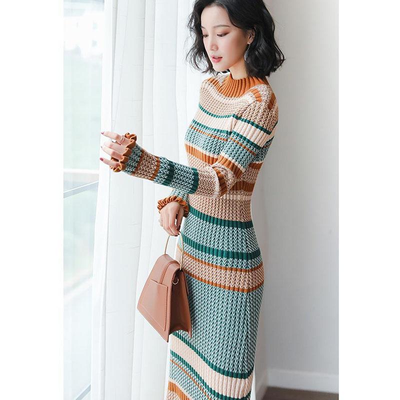 Autumn and Winter Long Knitted Dress French Retro Dress High Neck Over Wtempo Autumn and Winter Long Knitted Dress French Retro Dress High Neck Over Wtempo