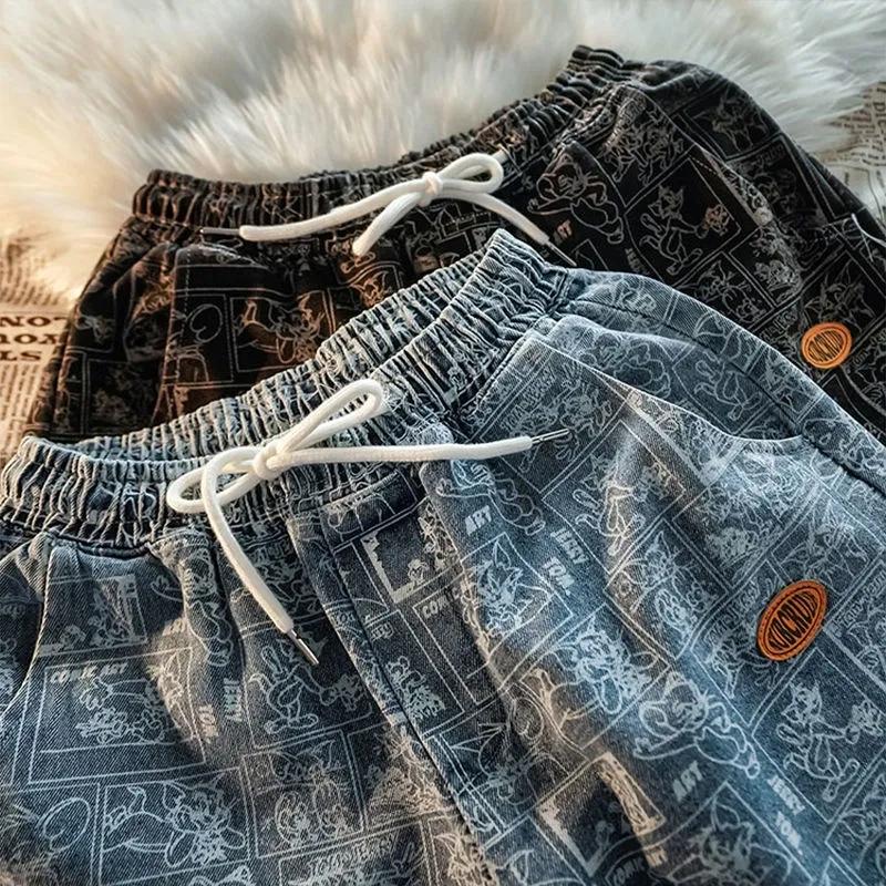 Graffiti Denim Shorts Men's Loose Trend Summer Skateboard Handsome Youth Tide Brand Casual Pants