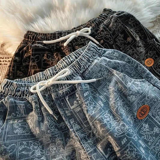 Graffiti Denim Shorts Men's Loose Trend Summer Skateboard Handsome Youth Tide Brand Casual Pants