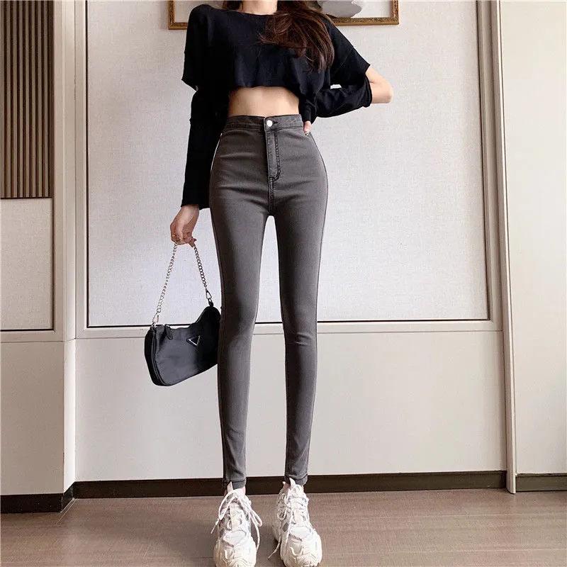 Women's High Waist Tight Elastic Pants Bag Hip Jeans Pencil Pants Students Slim and Tall Nine-point Pencil Pants