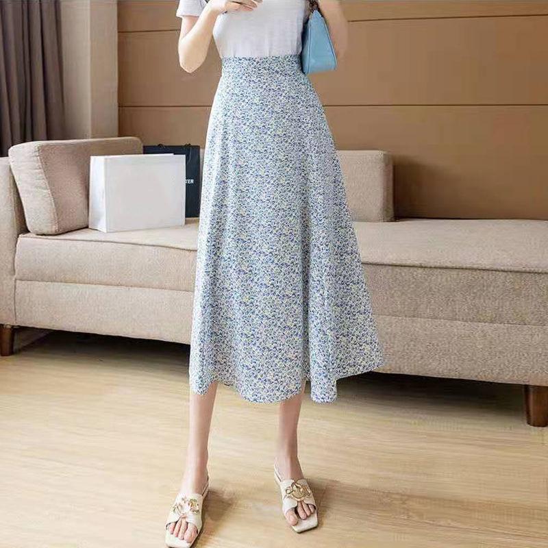 Women's Chiffon Floral Skirt Summer  High Waist Mid-length A-line Draping Fairy Dress