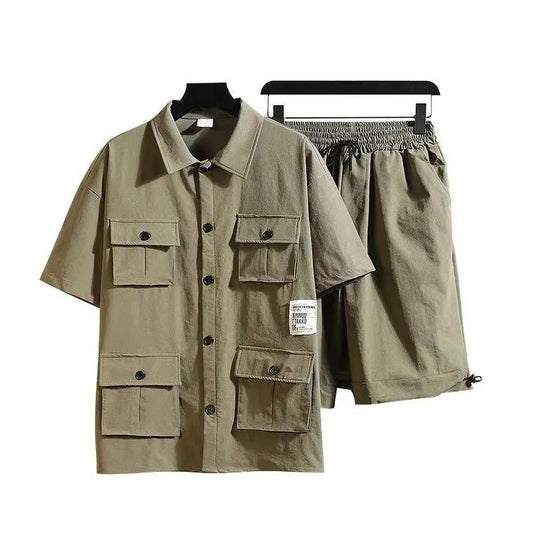 Men's Suit Tooling Shirt Short-sleeved Five-point Pants Trend Casual Loose Net Red Two-piece Suit