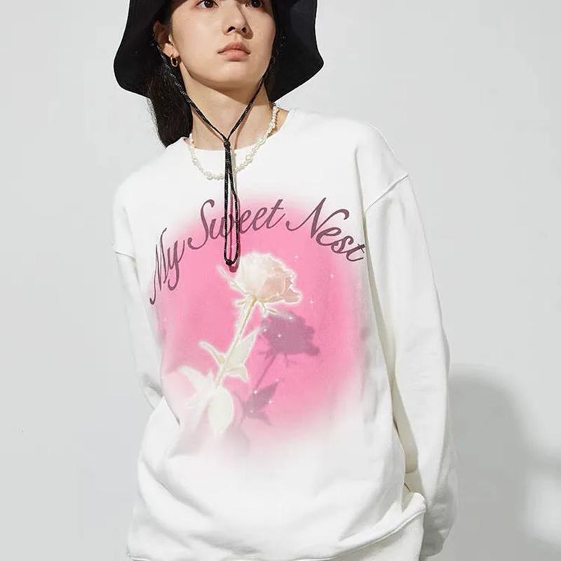 Women Hoodies Rose Printed White Pullover Sweatshirts Oversized Streetwear Hip Hop Tracksuit Fashion Lady Autumn Winter Top Clothes