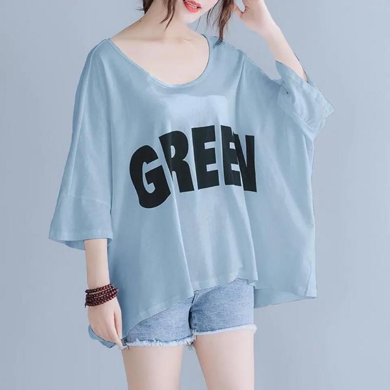 Large Size Women's Loose Letter Printing Short-sleeved T-shirt Tops Women's Casual Loose Large Size Round Neck Mid-sleeve T-shirts
