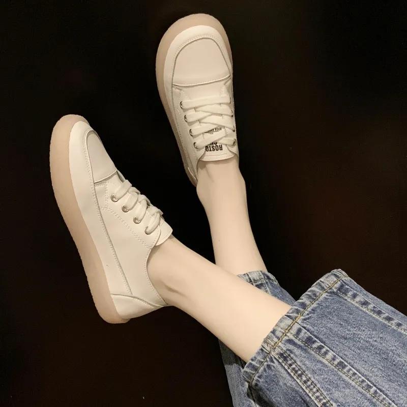 High-quality Soft Leather Women's Shoes Soft Bottom Student White Shoes Lazy Shallow Mouth Flat Single Shoes Slip-on Lace-up Casual Shoes Mother Shoes