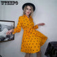 Spring  Autumn Women Heart Printed Long Sleeve Shirt Dress OL Style Knee-length  A-line Dress Plus Size M-5XL