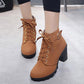 Winter Women Boots PU Leather Fashion High Heels Boots Women Lace-up Martin Shoes Woman