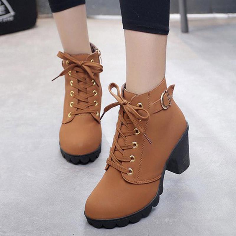Winter Women Boots PU Leather Fashion High Heels Boots Women Lace-up Martin Shoes Woman