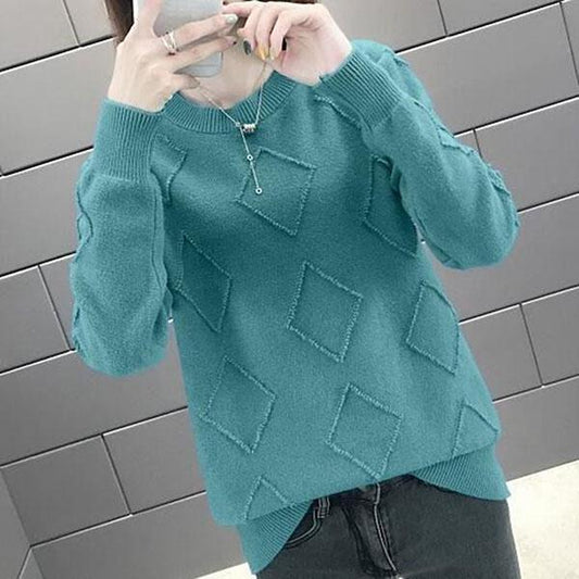 Fashion All-match Sweater Round Neck Loose Casual Bottoming Shirt Diamond Pattern Knitted Young Women's Top