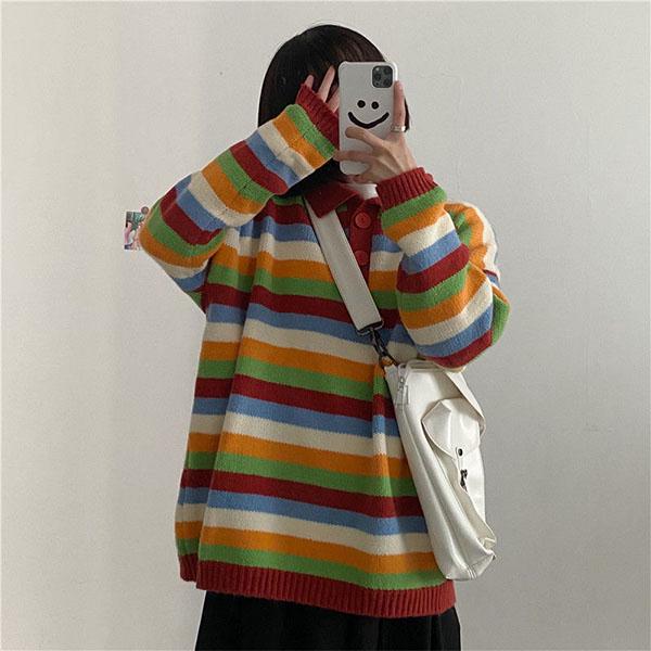 Autumn and Winter College Style Color Stripes Student Loose Mid-length Coat Sweater Women