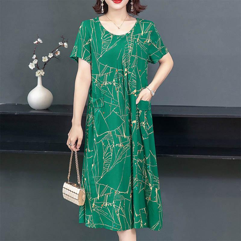 Mom Dress Cotton Silk Dress Large Size Covering Belly Short Sleeve Middle-aged and Older Women Fat People Floral Skirt