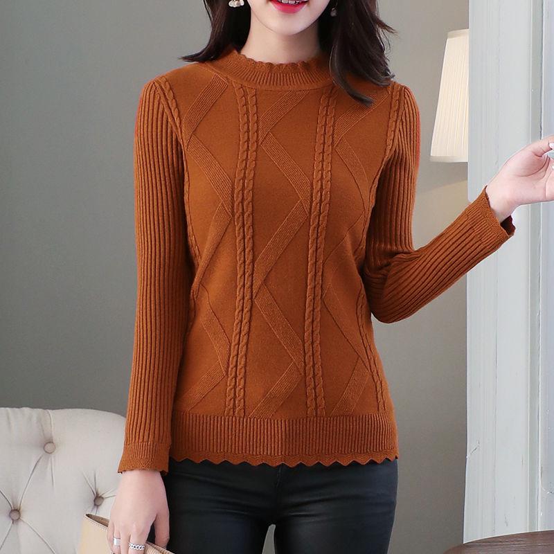 Slim-fit Knitted Women's Sweater Autumn and Winter Plus Velvet Thick Solid Color Half High Neck Long Sleeve Inner Sleeve Bottoming Shirt