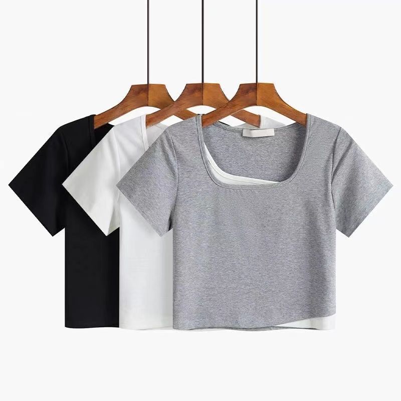 Spring Summer Women's Solid Color Short-sleeved Tops Fake Two-piece Stitching Short T-Shirts Are Thin Exposed
