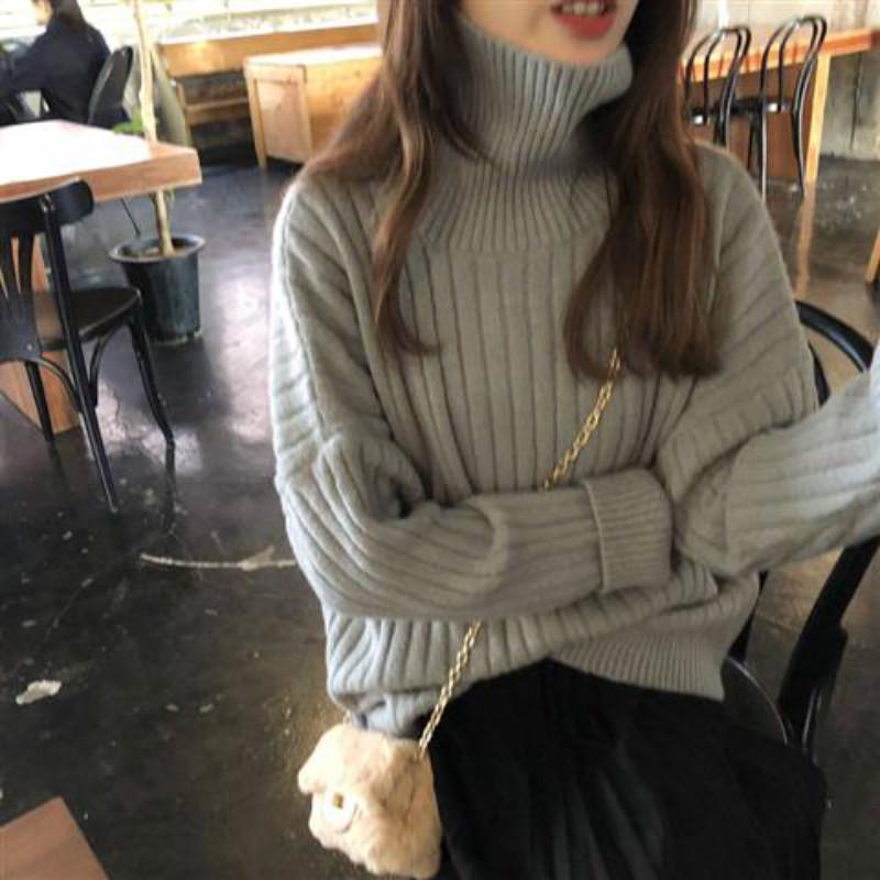 Pofulove Turtleneck Sweater Women's Autumn Winter Wear Red Loose Thick Sweater Bottoming Shirt