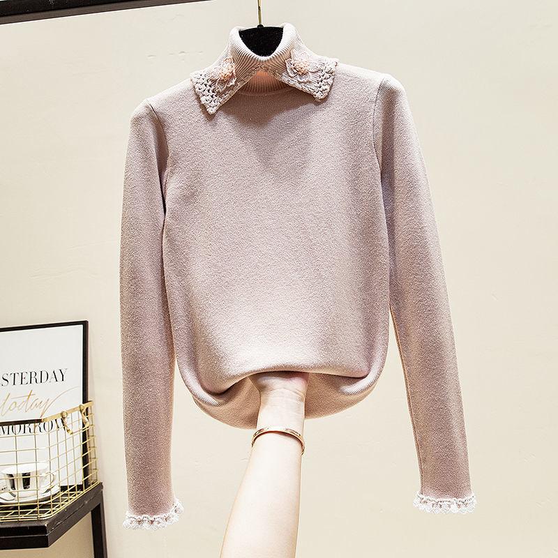 Women's Turtleneck Sweater Lace Hook Knit Sweater Short Beaded Pullover Jumper Sweet Slim-fit Knitwear Bottoming or Outwear