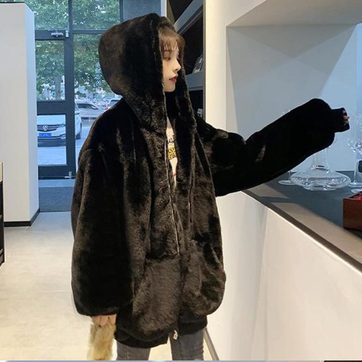 Loose Plush Fleece Jacket Women Winter Imitation Rex Rabbit Fur Grass Mid-length Thick Hooded Coat