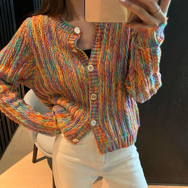 Bohemian Rainbow Colorful Cardigan Sweater Coat Short Top Women Loose Knit Sweater Outer Wear