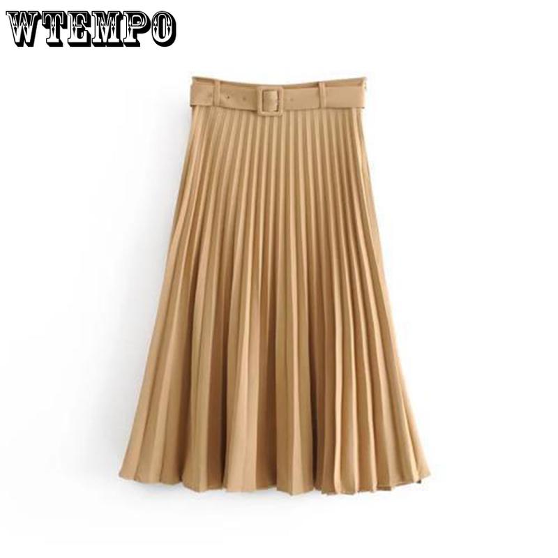 Skirt+Belt Female Pleated Skirt Euro-American Women's Fashion Pure Colored  Loose Half-length Skirt