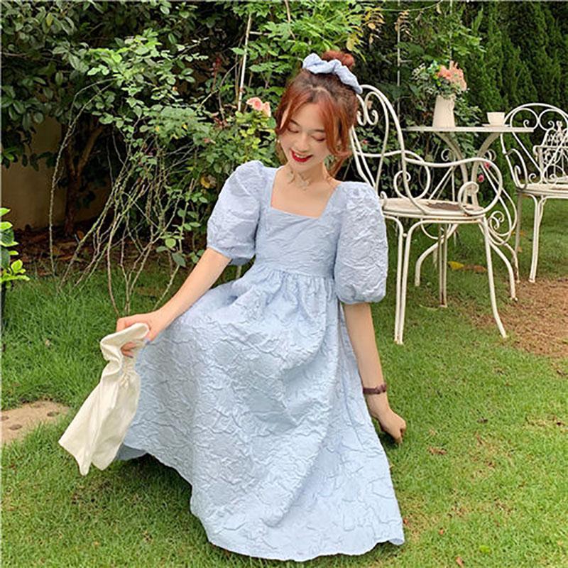 Spring and Summer Dress Korean Version of French Square Neck Bow Loose Temperament Puff Sleeve A-line Skirt