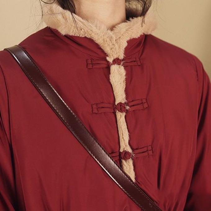Winter Retro Furry Collar Padded Jacket Jacket Stand-up Collar Waist Padded Jacket Mid-length Red Padded Jacket Women Winter Thickening