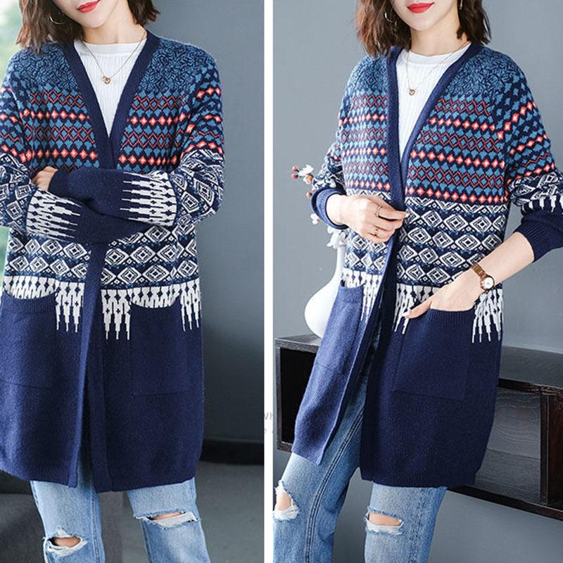 Spring and Autumn Knitted Cardigan Sweater Mid-length Loose Casual Sweater Fashion Jacquard Female Jacket