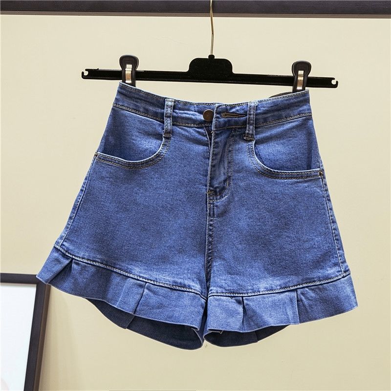 Denim Shorts Women's Summer Korean Style Loose and Thin Student Ruffled All-match High-waist Stretch Pants
