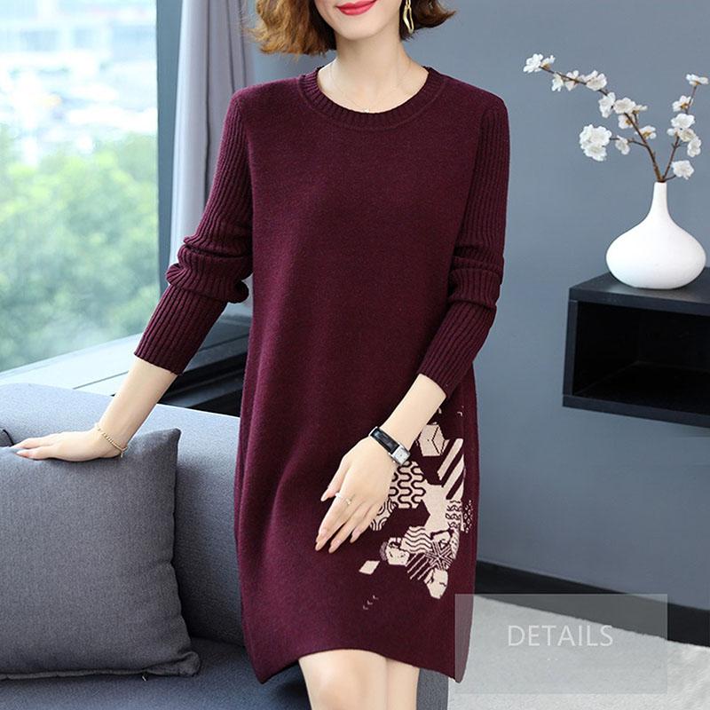 Autumn and Winter Loose Mid-length Dress Large Size Casual Printing Base Skirt Temperament Middle-aged Women Sweater Dress