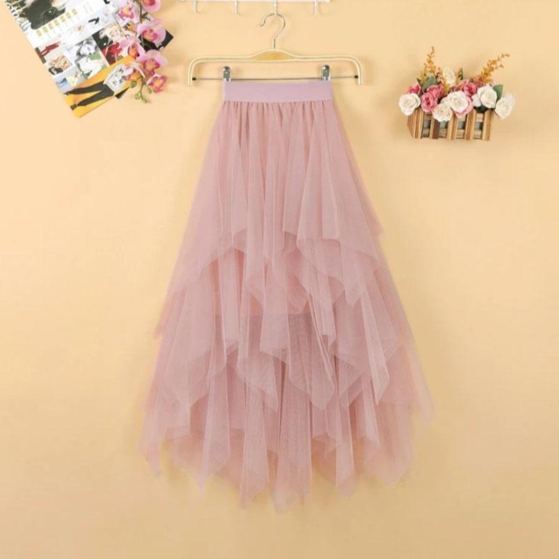 Y2k Skirt Skirts Womens Summer Black Pleated Skirt Solid Color Elastic High Waist A-line Skirts Irregular Mid-length Mesh Skirt