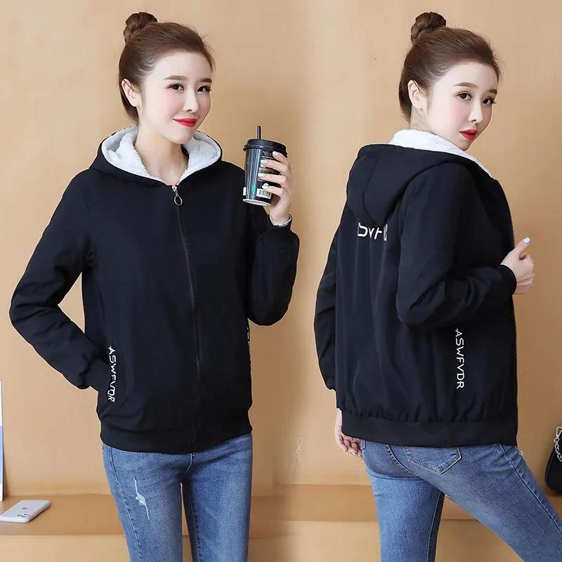 Fleece Thickened Hooded Jacket Autumn and Winter Warm Jacket Women Loose All-match Sports Jacket