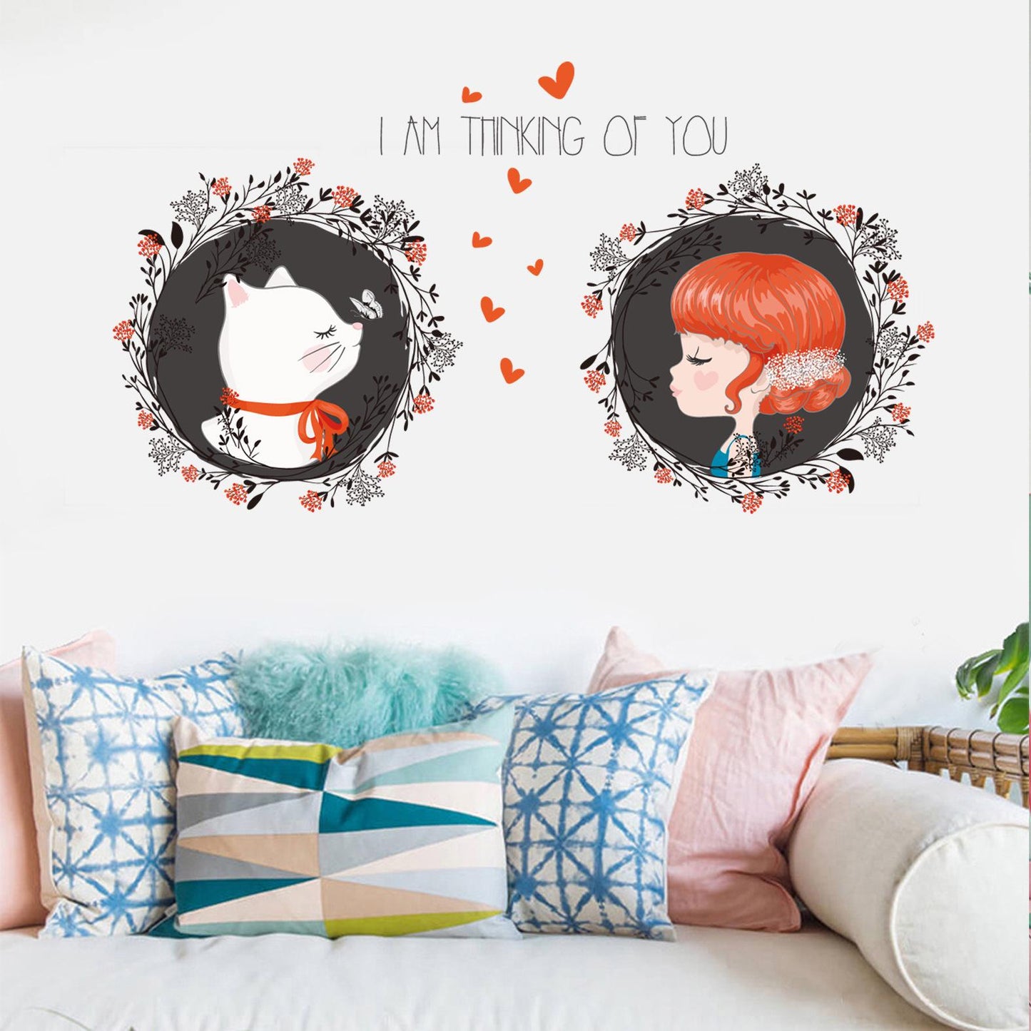 Romantic style warm love girl and cat couple room decoration wall sticker girls wallpaper