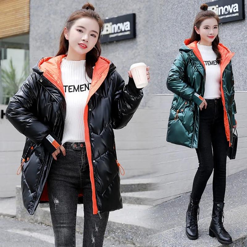 Winter Jacket Parkas Women Glossy Down Cotton Jacket Hooded Parka Warm Female Mid-length Cotton Thick Jacket Casual Loose Outwear Medium Long Overcoat