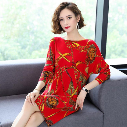 High-end Cashmere Sweater Women Autumn Plus Size Printed Wool Sweater Dress Women Mid-length Knit Dress Outwear